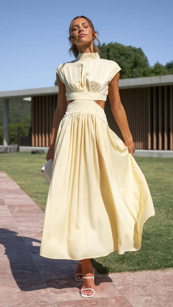 Contemporary Dresses- Stand Collar Cutout Dress with Elastic Back & Flowy Pleats Skirt- Long Butter- Pekosa Women Clothing