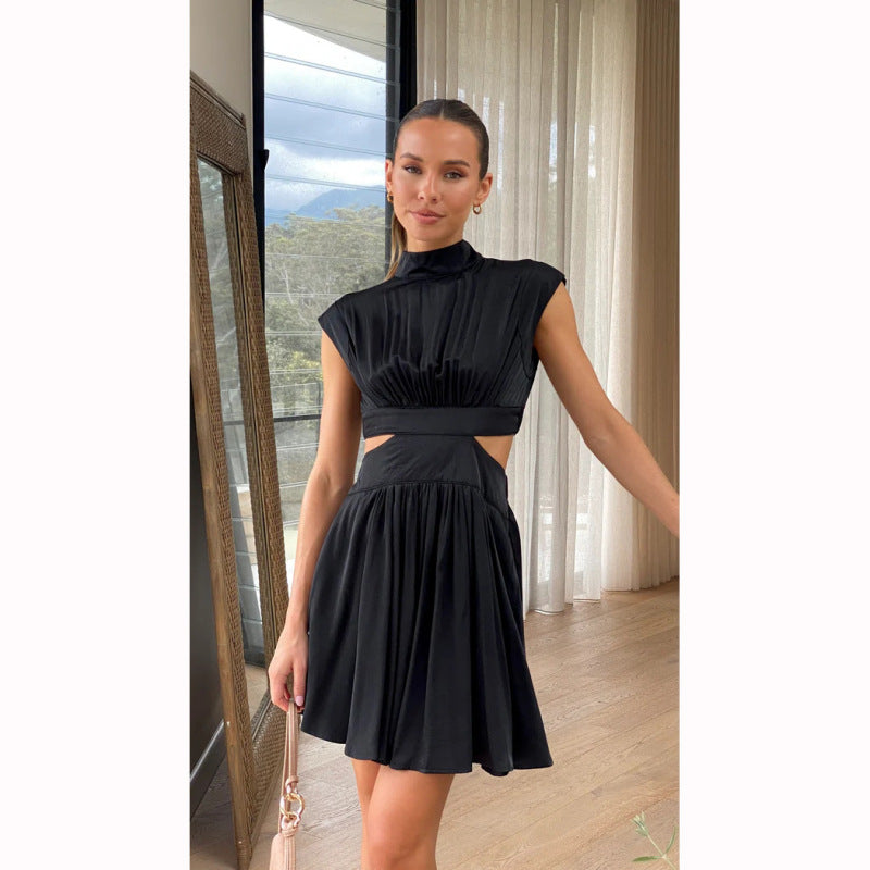 Contemporary Dresses- Stand Collar Cutout Dress with Elastic Back & Flowy Pleats Skirt- Short Black- Pekosa Women Clothing