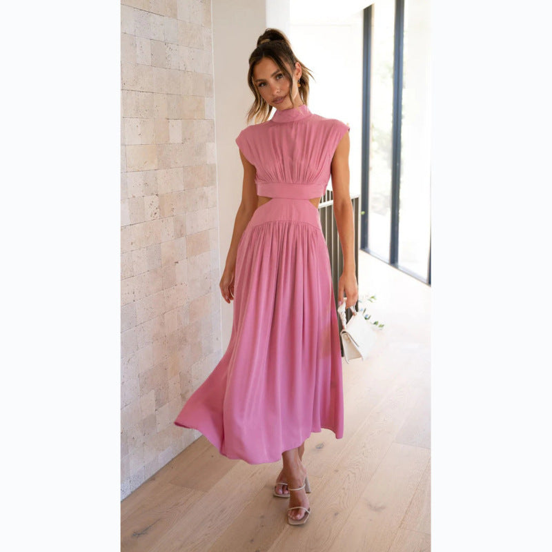 Contemporary Dresses- Stand Collar Cutout Dress with Elastic Back & Flowy Pleats Skirt- Long Pink- Pekosa Women Clothing