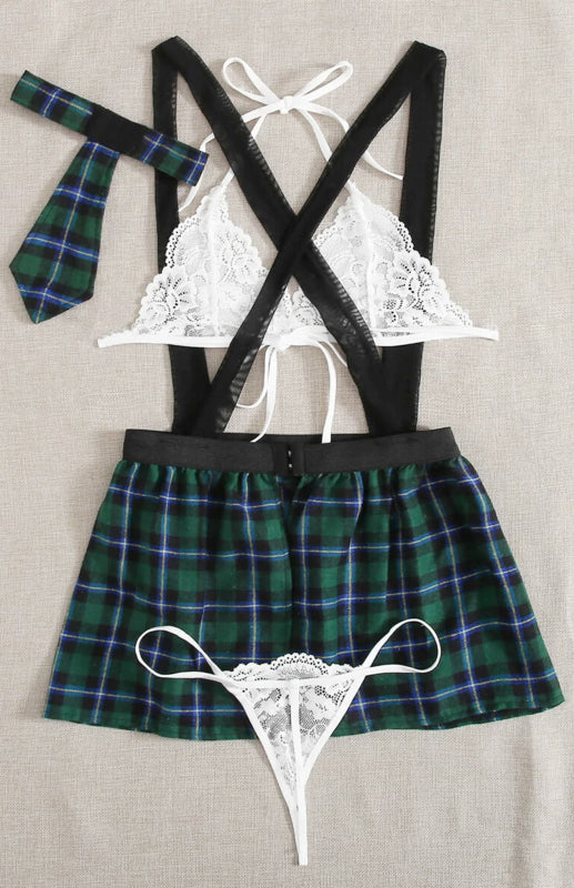 Cosplay Lingerie- Back-to-School Complete 4-Piece Tartan Cosplay Lingerie- - IndioGear Fashion and Gear