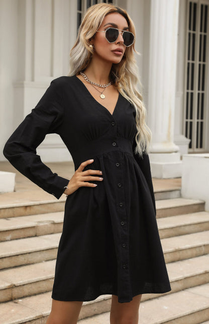 Cotton Dresses- Cotton A-Line Long Sleeve Button Shirt Dress- Black- IndioGear Fashion and Gear