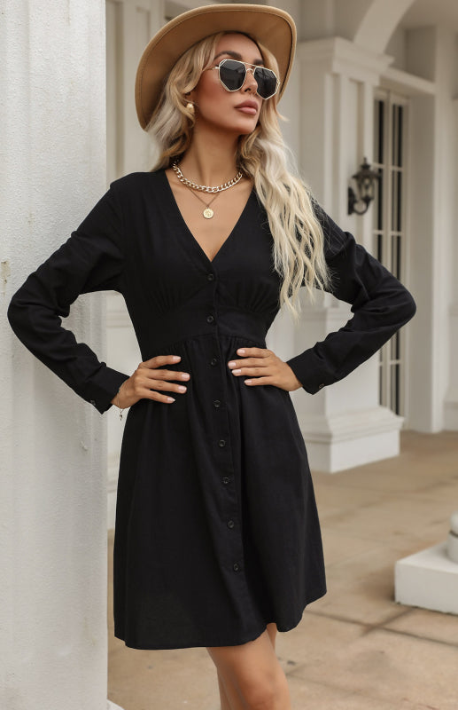 Cotton Dresses- Cotton A-Line Long Sleeve Button Shirt Dress- - IndioGear Fashion and Gear