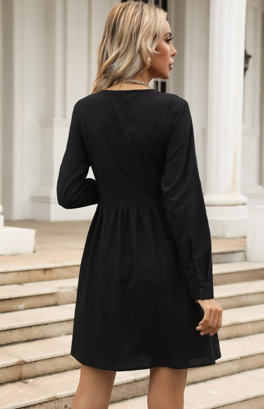 Cotton Dresses- Cotton A-Line Long Sleeve Button Shirt Dress- - IndioGear Fashion and Gear