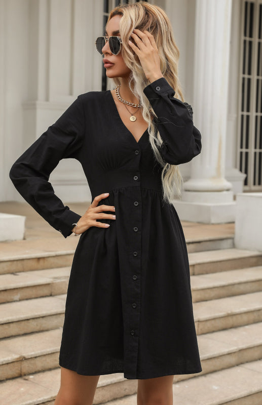 Cotton Dresses- Cotton A-Line Long Sleeve Button Shirt Dress- - IndioGear Fashion and Gear