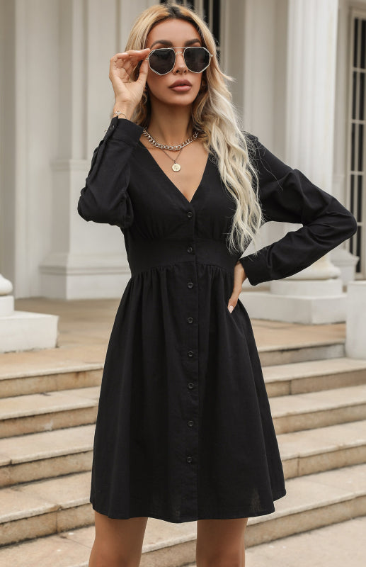 Cotton Dresses- Cotton A-Line Long Sleeve Button Shirt Dress- - IndioGear Fashion and Gear