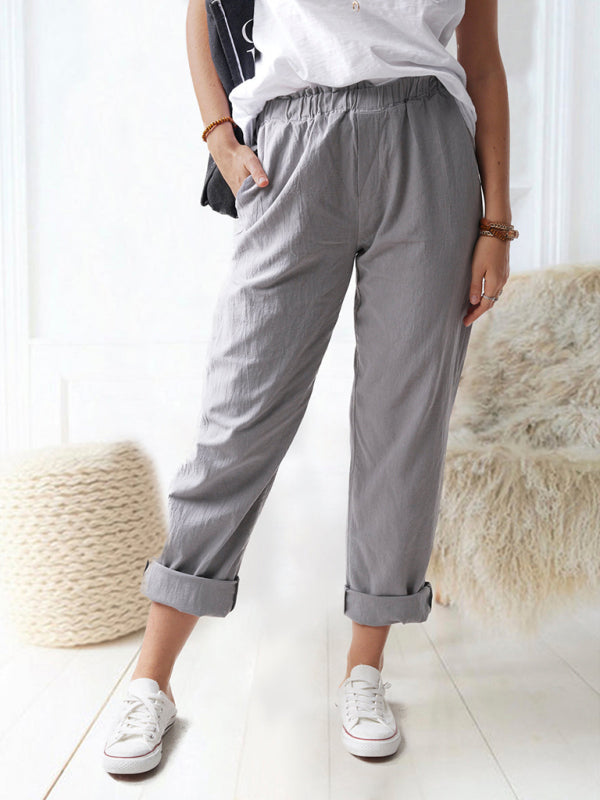 Cotton Pants-Textured Cotton Trousers | Elastic Waist Pants with Pockets-Pekosa Women Clothing