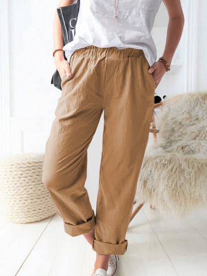 Cotton Pants-Textured Cotton Trousers | Elastic Waist Pants with Pockets-Pekosa Women Clothing