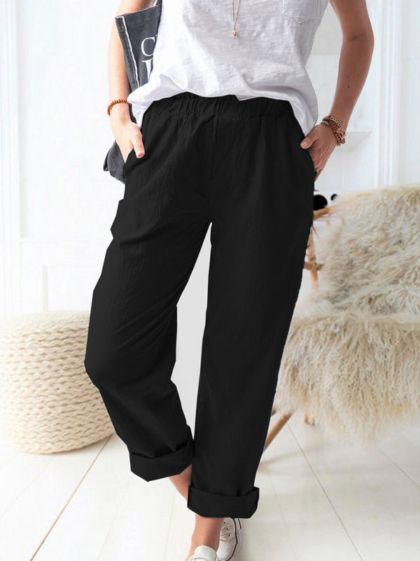 Cotton Pants-Textured Cotton Trousers | Elastic Waist Pants with Pockets-Pekosa Women Clothing