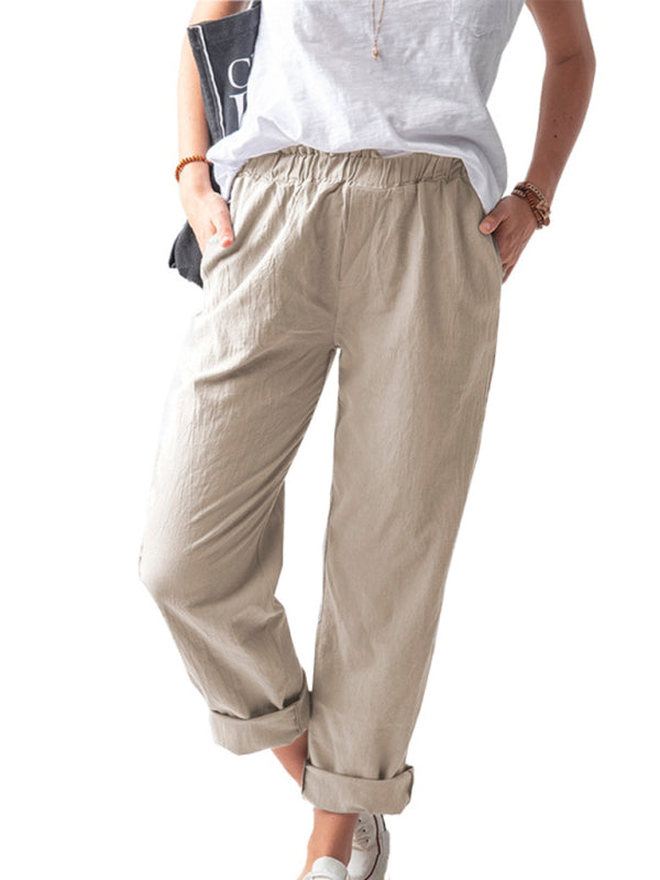 Cotton Pants-Textured Cotton Trousers | Elastic Waist Pants with Pockets-Pekosa Women Clothing