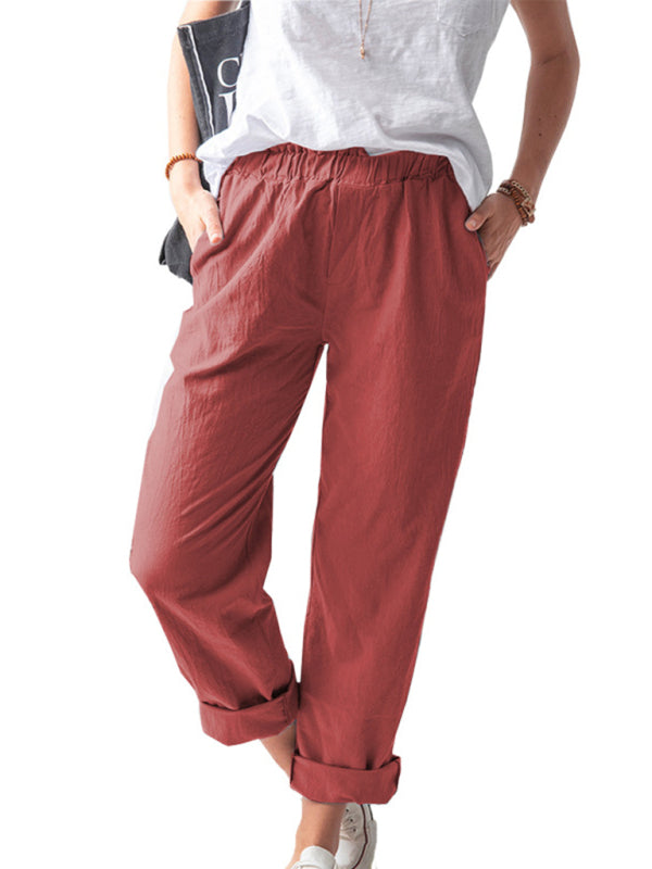 Cotton Pants-Textured Cotton Trousers | Elastic Waist Pants with Pockets-Pekosa Women Clothing