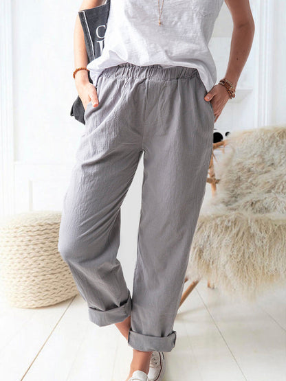 Cotton Pants-Textured Cotton Trousers | Elastic Waist Pants with Pockets-Pekosa Women Clothing