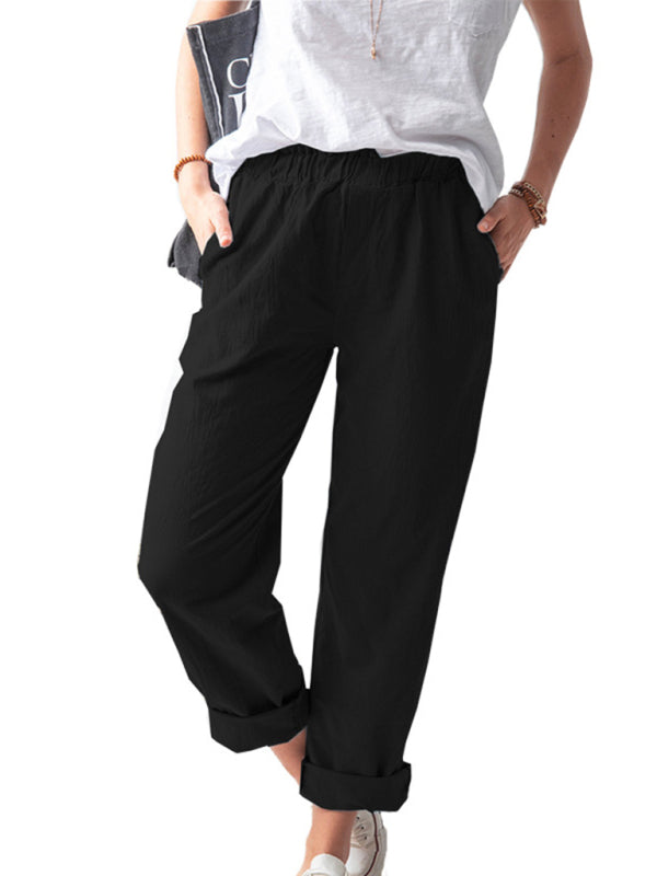 Cotton Pants-Textured Cotton Trousers | Elastic Waist Pants with Pockets-Pekosa Women Clothing