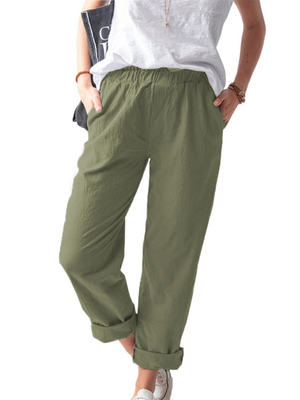 Cotton Pants-Textured Cotton Trousers | Elastic Waist Pants with Pockets-Pekosa Women Clothing