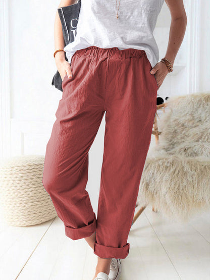 Cotton Pants-Textured Cotton Trousers | Elastic Waist Pants with Pockets-Pekosa Women Clothing