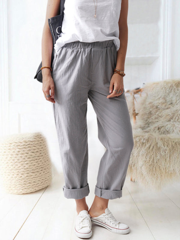 Cotton Pants-Textured Cotton Trousers | Elastic Waist Pants with Pockets-Pekosa Women Clothing