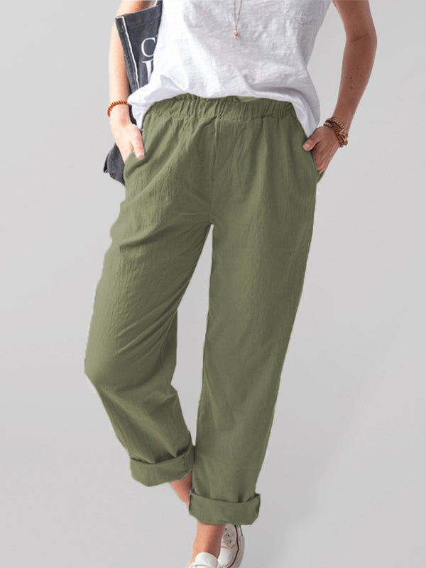 Cotton Pants-Textured Cotton Trousers | Elastic Waist Pants with Pockets-Pekosa Women Clothing