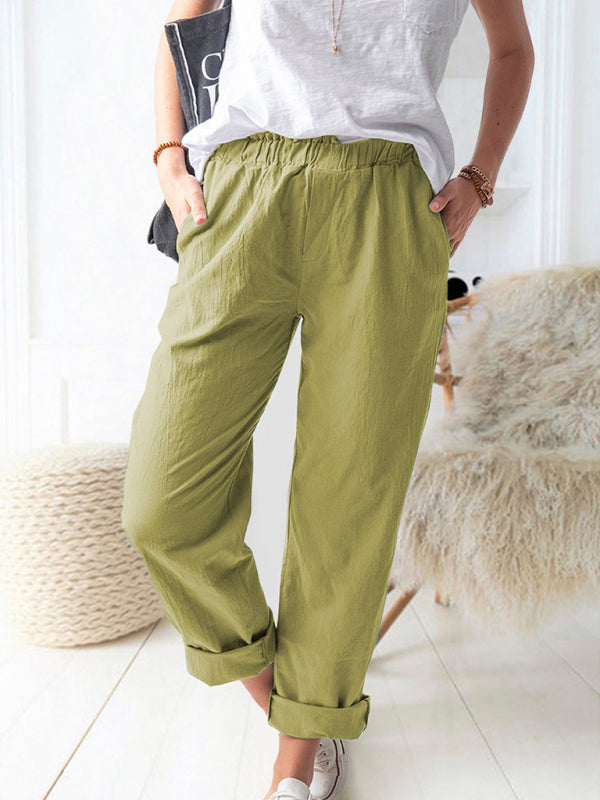 Cotton Pants-Textured Cotton Trousers | Elastic Waist Pants with Pockets-Pekosa Women Clothing