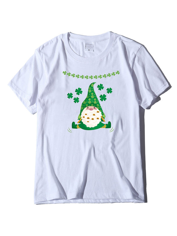 Cotton Tees- Shamrock Short Sleeve Leprechaun Print T-Shirt for Women St. Patrick's Day- White- IndioGear Fashion and Gear