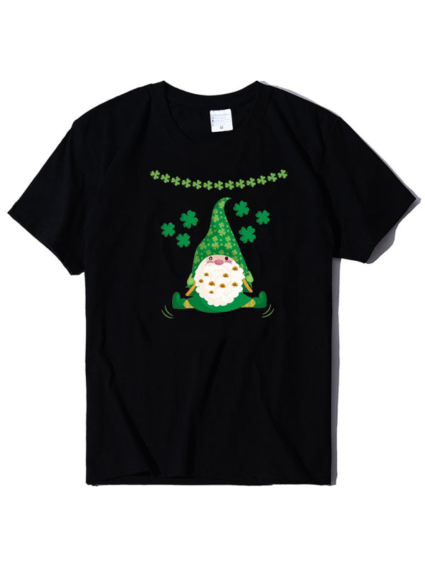 Cotton Tees- Shamrock Short Sleeve Leprechaun Print T-Shirt for Women St. Patrick's Day- Black- IndioGear Fashion and Gear