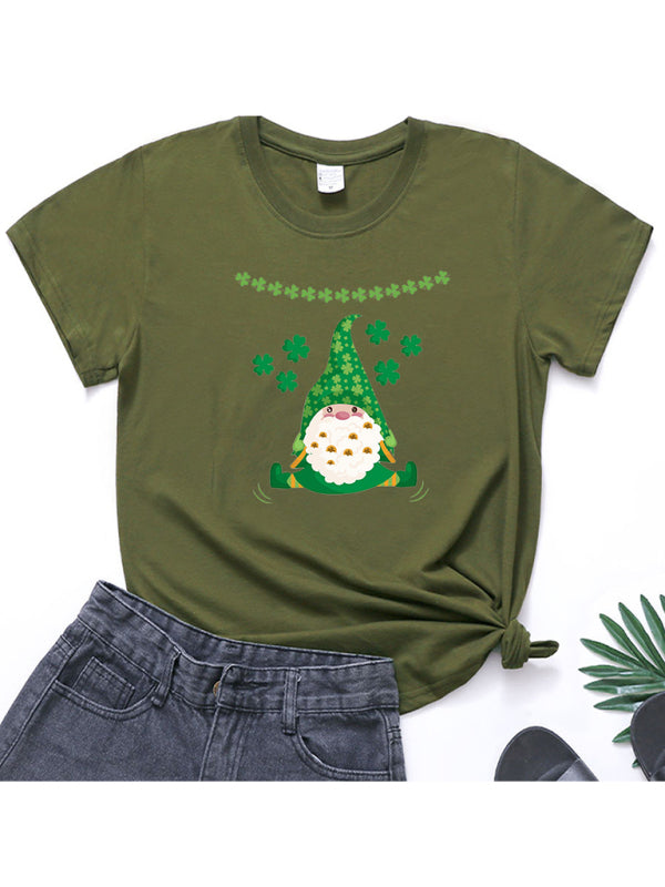 Cotton Tees- Shamrock Short Sleeve Leprechaun Print T-Shirt for Women St. Patrick's Day- Olive green- IndioGear Fashion and Gear