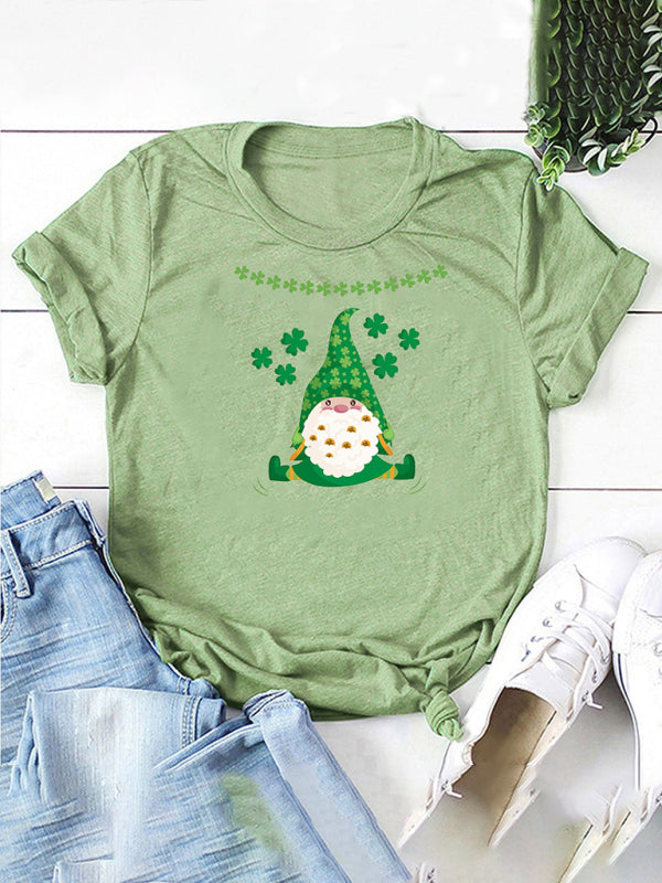 Cotton Tees- Shamrock Short Sleeve Leprechaun Print T-Shirt for Women St. Patrick's Day- Pale green- IndioGear Fashion and Gear