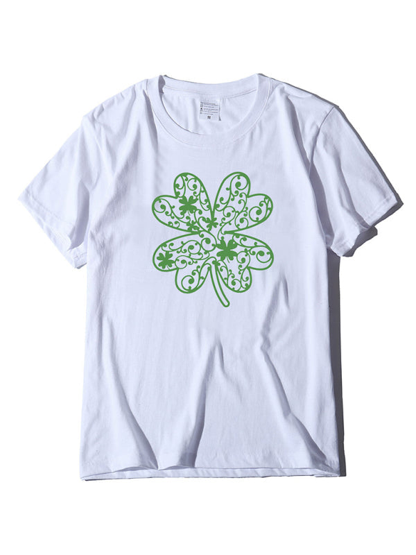 Cotton Tees- St. Paddy's Day in Women's Cotton Tee with Lucky Four-leaf Clover Print- White- IndioGear Fashion and Gear