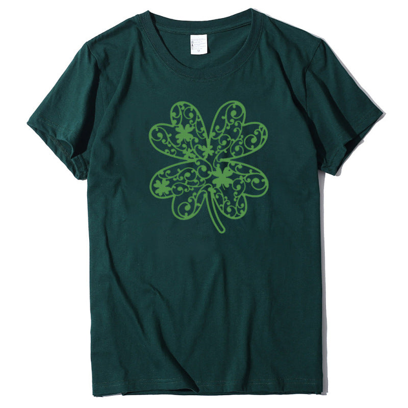 Cotton Tees- St. Paddy's Day in Women's Cotton Tee with Lucky Four-leaf Clover Print- Green black jasper- IndioGear Fashion and Gear