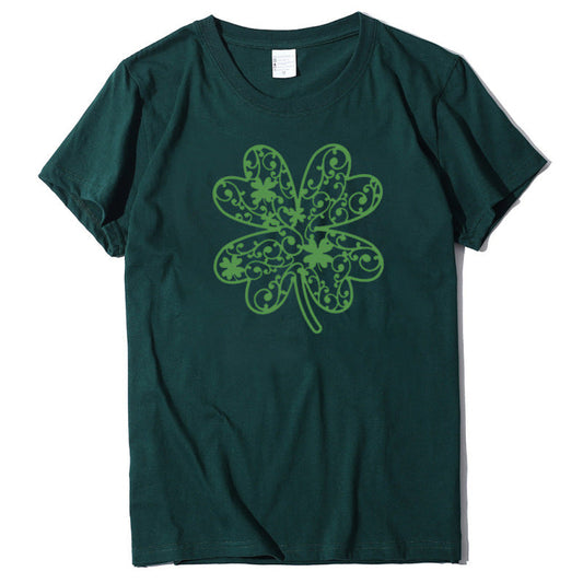 Cotton Tees- St. Paddy's Day in Women's Cotton Tee with Lucky Four-leaf Clover Print- Green black jasper- IndioGear Fashion and Gear