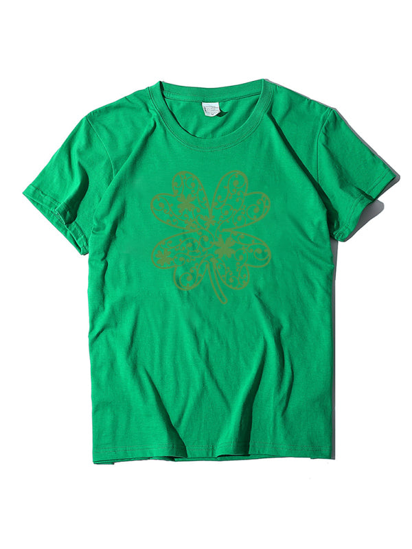 Cotton Tees- St. Paddy's Day in Women's Cotton Tee with Lucky Four-leaf Clover Print- Grass green- IndioGear Fashion and Gear