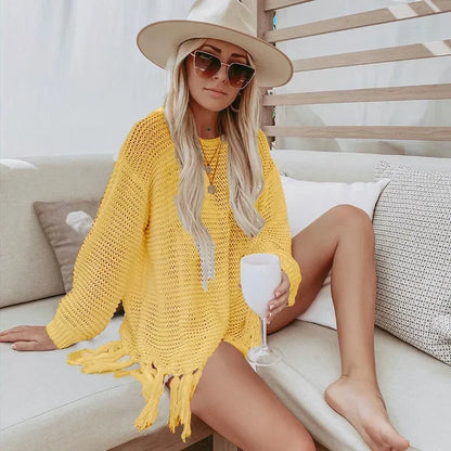 Cover Ups- Crochet Beachwear Cover-Up with Fringe Trim- Yellow- Chuzko Women Clothing