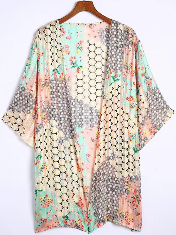 Cover Ups- Vacation Beach Cover Up - Open Front Summer Print Kimono- - IndioGear Fashion and Gear