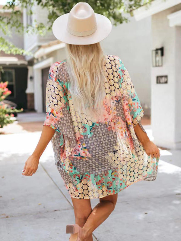 Cover Ups- Vacation Beach Cover Up - Open Front Summer Print Kimono- - IndioGear Fashion and Gear