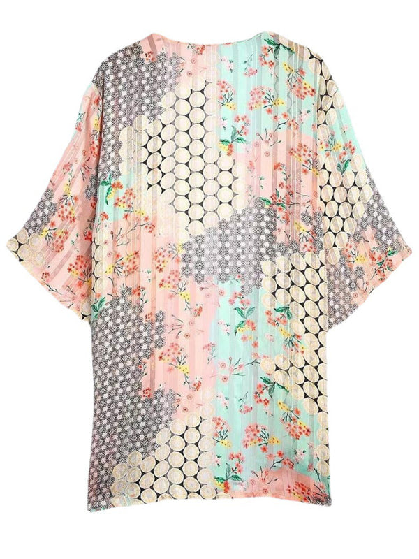 Cover Ups- Vacation Beach Cover Up - Open Front Summer Print Kimono- - IndioGear Fashion and Gear