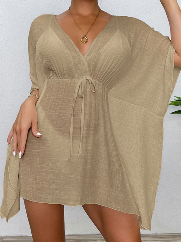 Cover Ups- Vacation Cover Up Batwing Beach Dress- Khaki- IndioGear Fashion and Gear