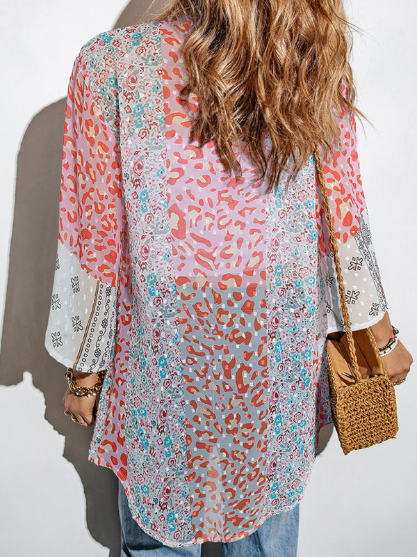 Cover Ups- Vacation Summer Print See-Through Kimono Cover Up- - IndioGear Fashion and Gear