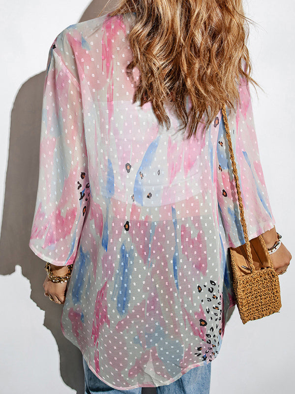 Cover Ups- Vacation Summer Print See-Through Kimono Cover Up- - IndioGear Fashion and Gear