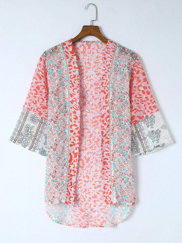 Cover Ups- Vacation Summer Print See-Through Kimono Cover Up- - IndioGear Fashion and Gear