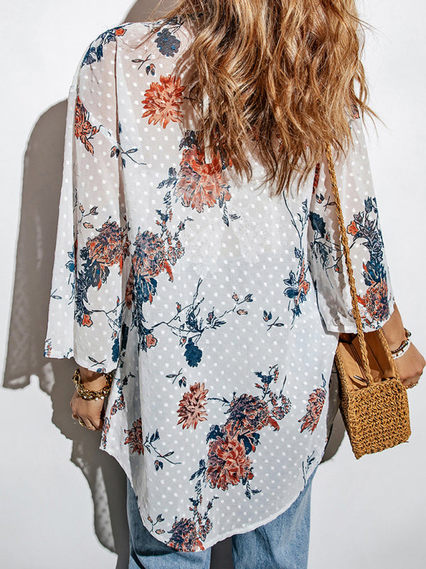 Cover Ups- Vacation Summer Print See-Through Kimono Cover Up- - IndioGear Fashion and Gear