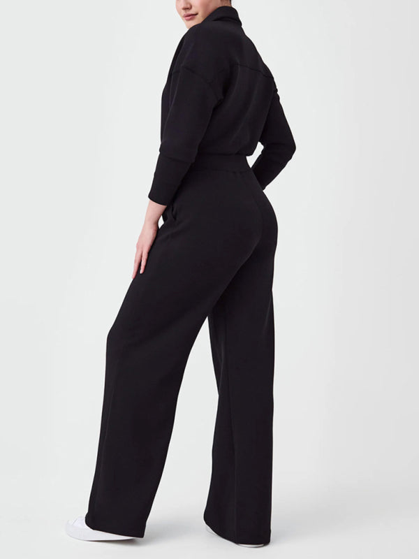 Coveralls-Straight-Leg Jumpsuit | Solid Zip-Up Coveralls with Long Sleeves-Pekosa Women Clothing