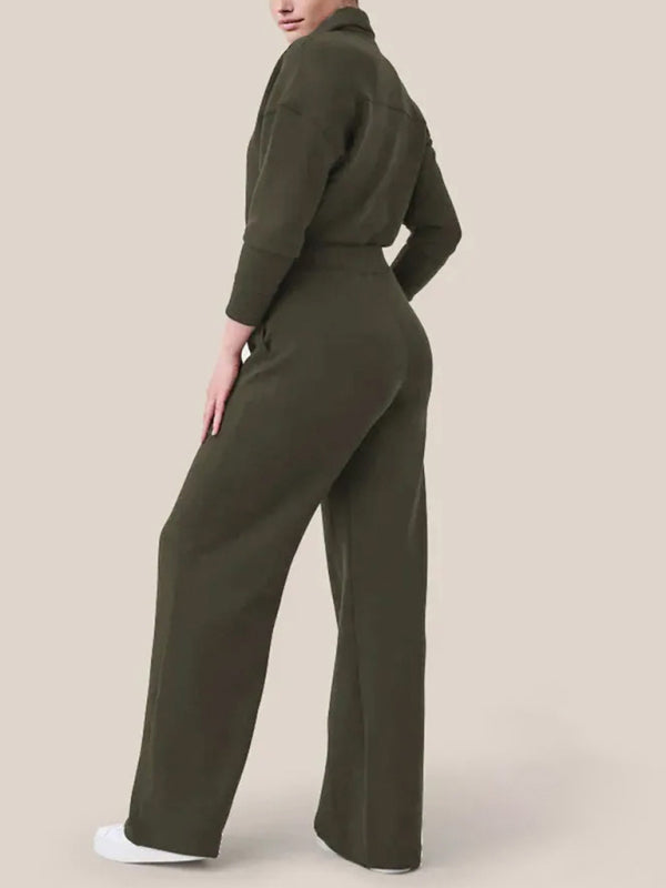 Coveralls-Straight-Leg Jumpsuit | Solid Zip-Up Coveralls with Long Sleeves-Pekosa Women Clothing