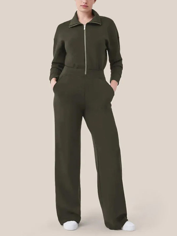 Coveralls-Straight-Leg Jumpsuit | Solid Zip-Up Coveralls with Long Sleeves-Pekosa Women Clothing