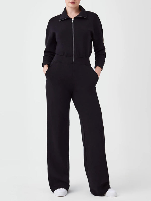 Coveralls-Straight-Leg Jumpsuit | Solid Zip-Up Coveralls with Long Sleeves-Pekosa Women Clothing