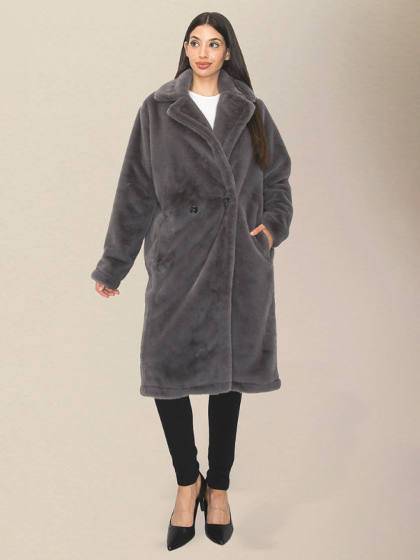 Cozy Coats- Plush Outerwear - Winter Thick Faux Fur Lapel Coat- Grey- IndioGear Clothing and Gear