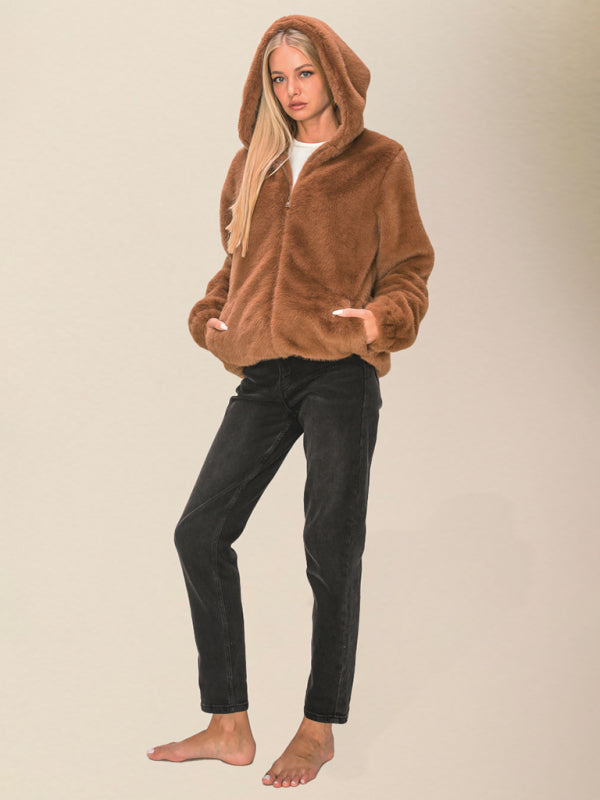 Cozy Jackets- Winter Hooded Thick Faux Fur Zip-Up Jacket- - IndioGear Clothing and Gear