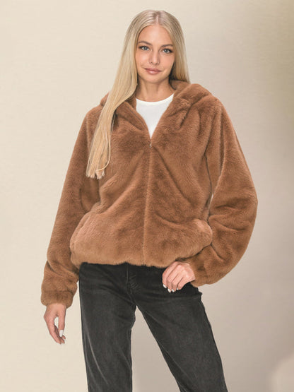 Cozy Jackets- Winter Hooded Thick Faux Fur Zip-Up Jacket- Brown- IndioGear Clothing and Gear