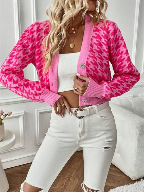 Crop Cardigans- Houndstooth Crop V-Neck Sweater Cardigan- Pink purple- IndioGear Clothing and Gear