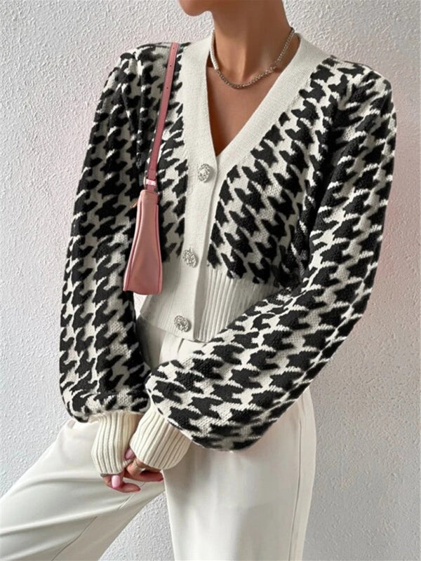 Crop Cardigans- Houndstooth Crop V-Neck Sweater Cardigan- - IndioGear Clothing and Gear