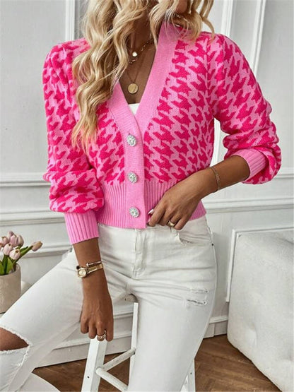 Crop Cardigans- Houndstooth Crop V-Neck Sweater Cardigan- - IndioGear Clothing and Gear