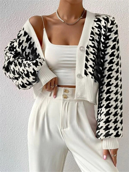 Crop Cardigans- Houndstooth Crop V-Neck Sweater Cardigan- - IndioGear Clothing and Gear