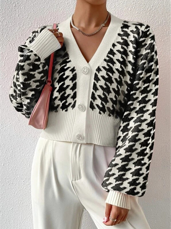 Crop Cardigans- Houndstooth Crop V-Neck Sweater Cardigan- - IndioGear Clothing and Gear